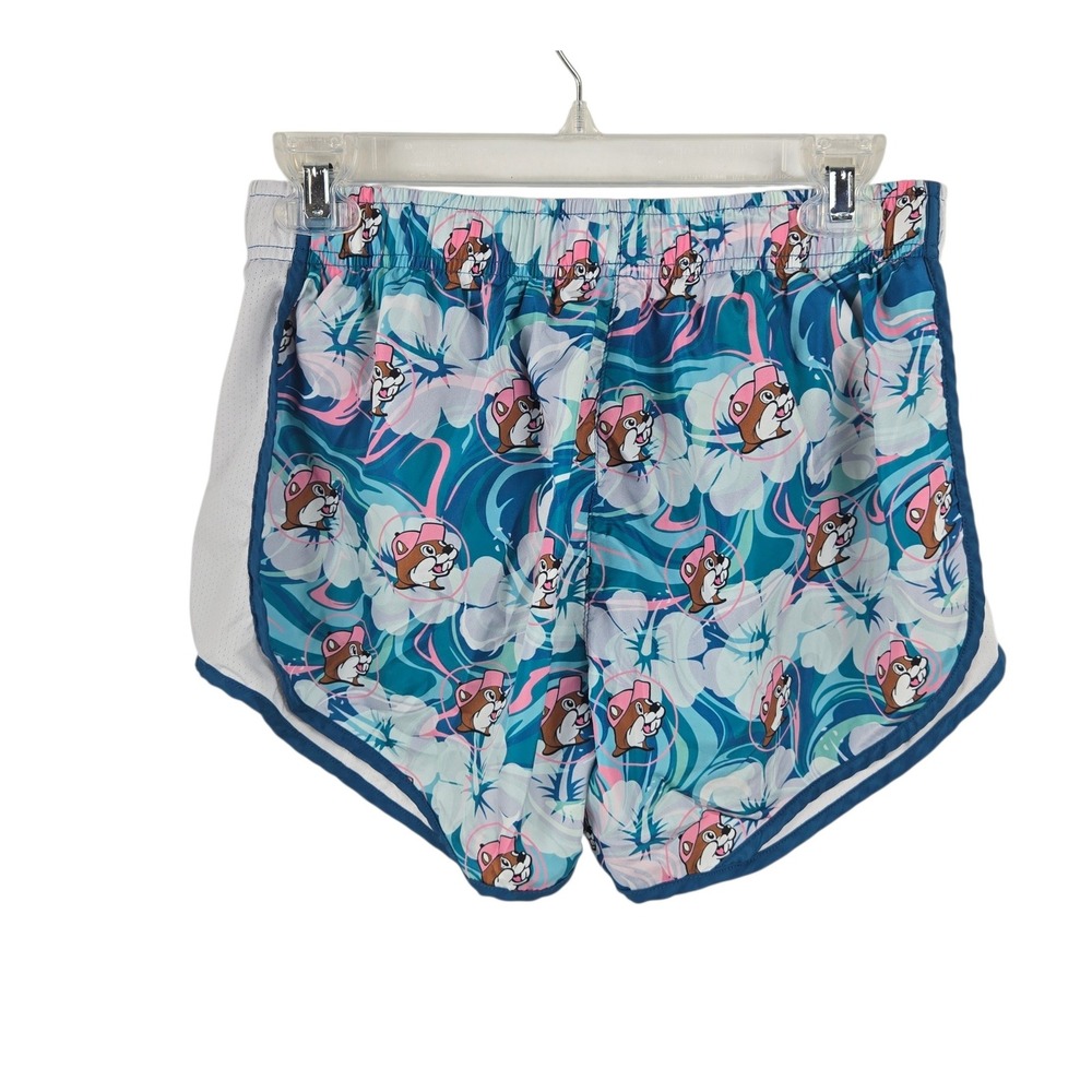 Buc-ee's Womens Athletic Running Shorts Blue Tropical Floral Beaver Print Size L